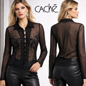 VTG Caché,Sheer Beaded Mesh Blouse 90s Y2K Evening Goth Glam Stretch Top Size L